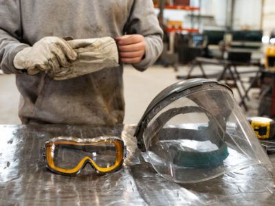 Shop worker with protective gear on table